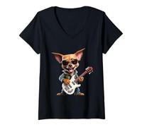 Femme Chihuahua Rocker Dog Guitare électrique T-Shirt avec Col en V