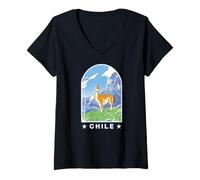 Femme Chili Pays des Andes Paysage de Montagne Lama T-Shirt avec Col en V