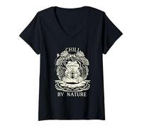 Femme Chill by Nature Cottagecore Frog Meditation Vintage Badge T-Shirt avec Col en V