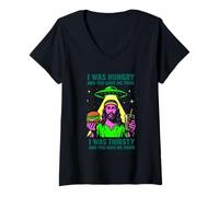 Femme Chill Reggae Man Alien OVNI - Burger et Boire Art Rétro T-Shirt avec Col en V