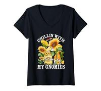 Femme Chillin with My Gnomies and Spring Sunflower GNOME for Mom T-Shirt avec Col en V