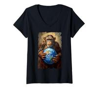Femme Chimpanzé Tenant la Terre Planète Monde Primate Singe T-Shirt avec Col en V