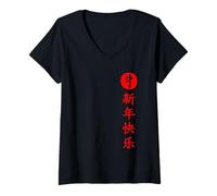 Femme Chinese Ox Symbol & Letters Minimalist Design T-Shirt avec Col en V