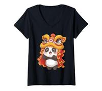 Femme Chinois Lunaire Nouvel an Lion Danse Panda Mignon Culture Chine T-Shirt avec Col en V