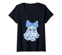 Femme Chinoiserie Bleu Fantôme Halloween Toute Année Fleurs Noeud Crâne T-Shirt avec Col en V