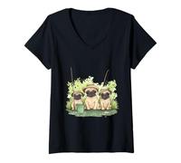 Femme Chiot mignon carlin pour la pêche, étang de lac, poisson, drôle de pêcheurs T-Shirt avec Col en V