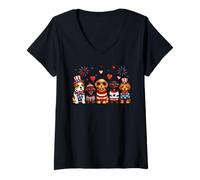 Femme Chiot Patriotique Mignon USA Costumes Feux d'artifice célébration T-Shirt avec Col en V