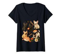 Femme Chiots bouledogue français jouant avec des rouleaux de sushi et des nigiri T-Shirt avec Col en V
