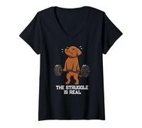 Femme Chocolat Labrador Deadlift Gym Rat Struggle is Real Mom Dad T-Shirt avec Col en V