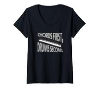 Femme Chords : First Drums, Second Funny Music Productor T-Shirt avec Col en V