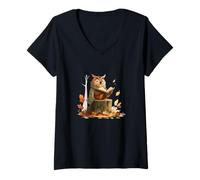 Femme Chouette Amusante avec Livre pour Les Amateurs de Saison Froide T-Shirt avec Col en V