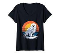 Femme Chouette enneigée Coucher de Soleil rétro Arctique Wildlife Bird Scène T-Shirt avec Col en V