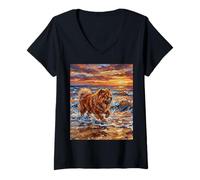 Femme Chow Frolicking at The Beach Sunset Dog Illustration T-Shirt avec Col en V