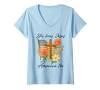 Femme Chrétienne du 4 juillet, elle aime aussi Jésus et l'Amérique T-Shirt avec Col en V
