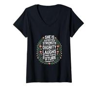 Femme Chrétienne Force Dignité Rire Avenir T-Shirt avec Col en V