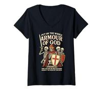 Femme Christian Armor of God Skeleton Bible Verse Éphésiens 6:11 T-Shirt avec Col en V