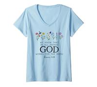 Femme Christian Bible Verse Romans 8:28 We Know God Works for Good T-Shirt avec Col en V
