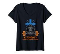 Femme Christian Fitness : Ma Force Vient du Seigneur (Verset de la Bible) T-Shirt avec Col en V