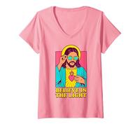 Femme Christian Jesus Believe in The Light Anime Pop Art Rose T-Shirt avec Col en V