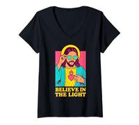 Femme Christian Jesus Believe in The Light, Anime, rétro, Pop Art T-Shirt avec Col en V