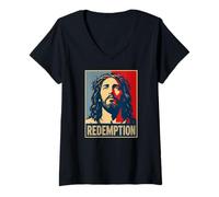 Femme Christian Jésus Redemption Croix Salut T-Shirt avec Col en V