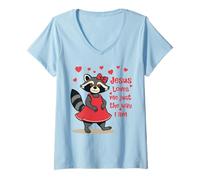 Femme Christian Kids Racoon Jesus m'aime telle Que Je suis T-Shirt avec Col en V