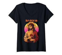 Femme Christian Manga John 3:16 Jésus Sacré-Cœur Rétro Coucher de Soleil T-Shirt avec Col en V