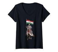 Femme Christian Templar Knight avec Drapeau de la Hongrie - T-Shirt avec Col en V