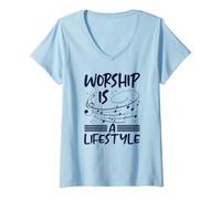 Femme Christianisme : Le culte est Un Mode de Vie, Notes de Musique : Christian T-Shirt avec Col en V