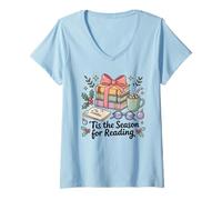Femme Christmas Book Lover T'is The Season for Reading T-Shirt de Vacances T-Shirt avec Col en V