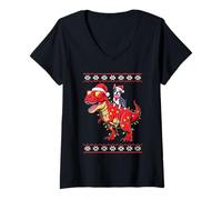 Femme Christmas Boston Terrier T-Rex Dinosaur Tyrannosaurus Rex T-Shirt avec Col en V