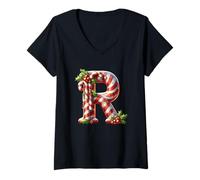 Femme Christmas Candy Cane Lettre R Joyful T-Shirt avec Col en V