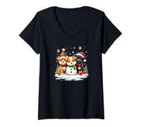 Femme Christmas Corgi Chiots Bonhomme de Neige Trio Père Noël Neige T-Shirt avec Col en V