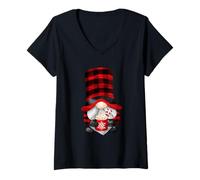 Femme Christmas GNOME Grandpa with Buffalo Plaid Hat and Hot Cocoa T-Shirt avec Col en V