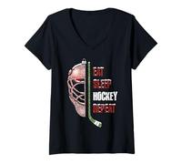 Femme Christmas Hockey Goalie Funny Xmas Eat Sleep Hockey Repeat T-Shirt avec Col en V