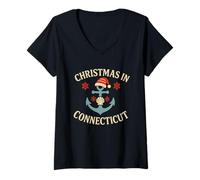 Femme Christmas in Connecticut Chemise Nautique Père Noël Ancre Mignonne T-Shirt avec Col en V