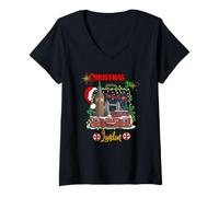 Femme Christmas in London Big Ben Lumières de Vacances pour Cabine téléphonique Rouge T-Shirt avec Col en V