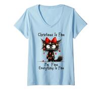 Femme Christmas is Fine I'm Fine Grumpy Xmas Cat Christmas Chaos T-Shirt avec Col en V
