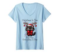 Femme Christmas is Fine I'm Fine Grumpy Xmas Cat Christmas Chaos T-Shirt avec Col en V