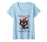 Femme Christmas is Fine I'm Fine Grumpy Xmas Cat Christmas Chaos T-Shirt avec Col en V
