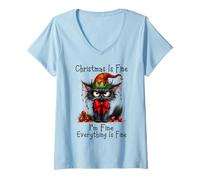 Femme Christmas is Fine I'm Fine Grumpy Xmas Cat Christmas Chaos T-Shirt avec Col en V