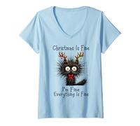 Femme Christmas is Fine I'm Fine Grumpy Xmas Cat Christmas Chaos T-Shirt avec Col en V