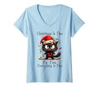 Femme Christmas is Fine I'm Fine Grumpy Xmas Cat Christmas Chaos T-Shirt avec Col en V
