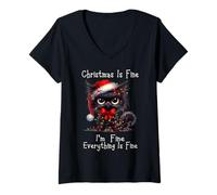 Femme Christmas is Fine I'm Fine Grumpy Xmas Cat T-Shirt avec Col en V