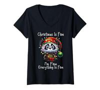 Femme Christmas is Fine I'm Fine Grumpy Xmas Panda Bear T-Shirt avec Col en V