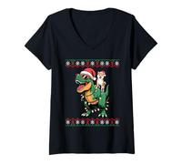 Femme Christmas Japanese Shiba Inu T-Rex Dinosaur Tyrannosaurus T-Shirt avec Col en V
