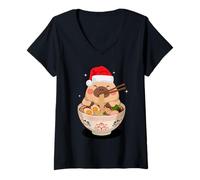 Femme Christmas Men Women Kids Cute Capybara Eating Ramen Noodles T-Shirt avec Col en V