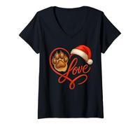 Femme Christmas Paw Love Heart Santa Dog Mom Funny Pet Lover Dogs T-Shirt avec Col en V