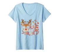 Femme Christmas Reindeer Merry and Bright Festive Celebration T-Shirt avec Col en V