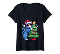 Femme Christmas Russian Blue Cat Sunglasses Russian Blues Maltese T-Shirt avec Col en V
